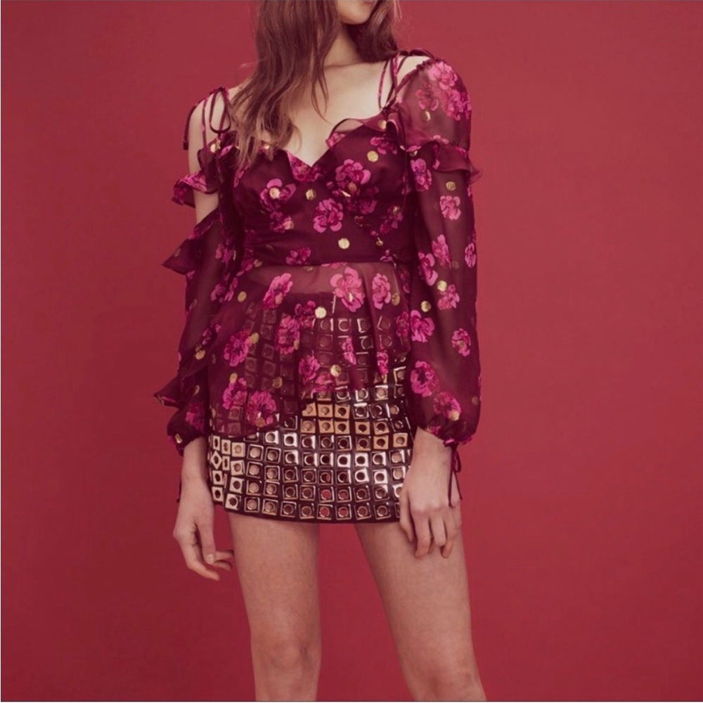 For Love And Lemons Burgundy Floral Sheer top blouse